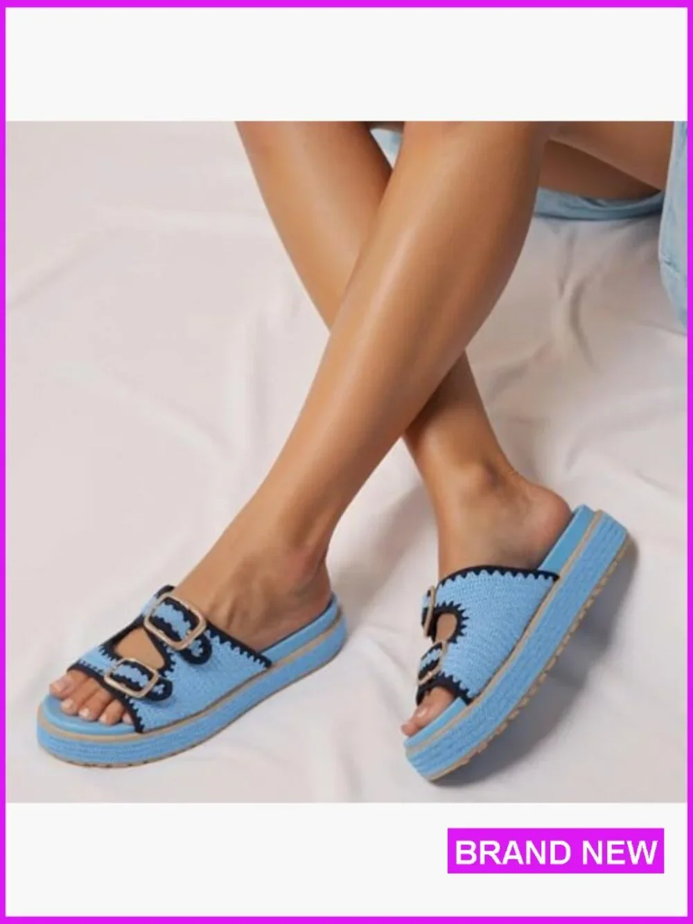Raffia Espadrille Platform Sandals Woven Straw Double Buckle Strap Summer Beach